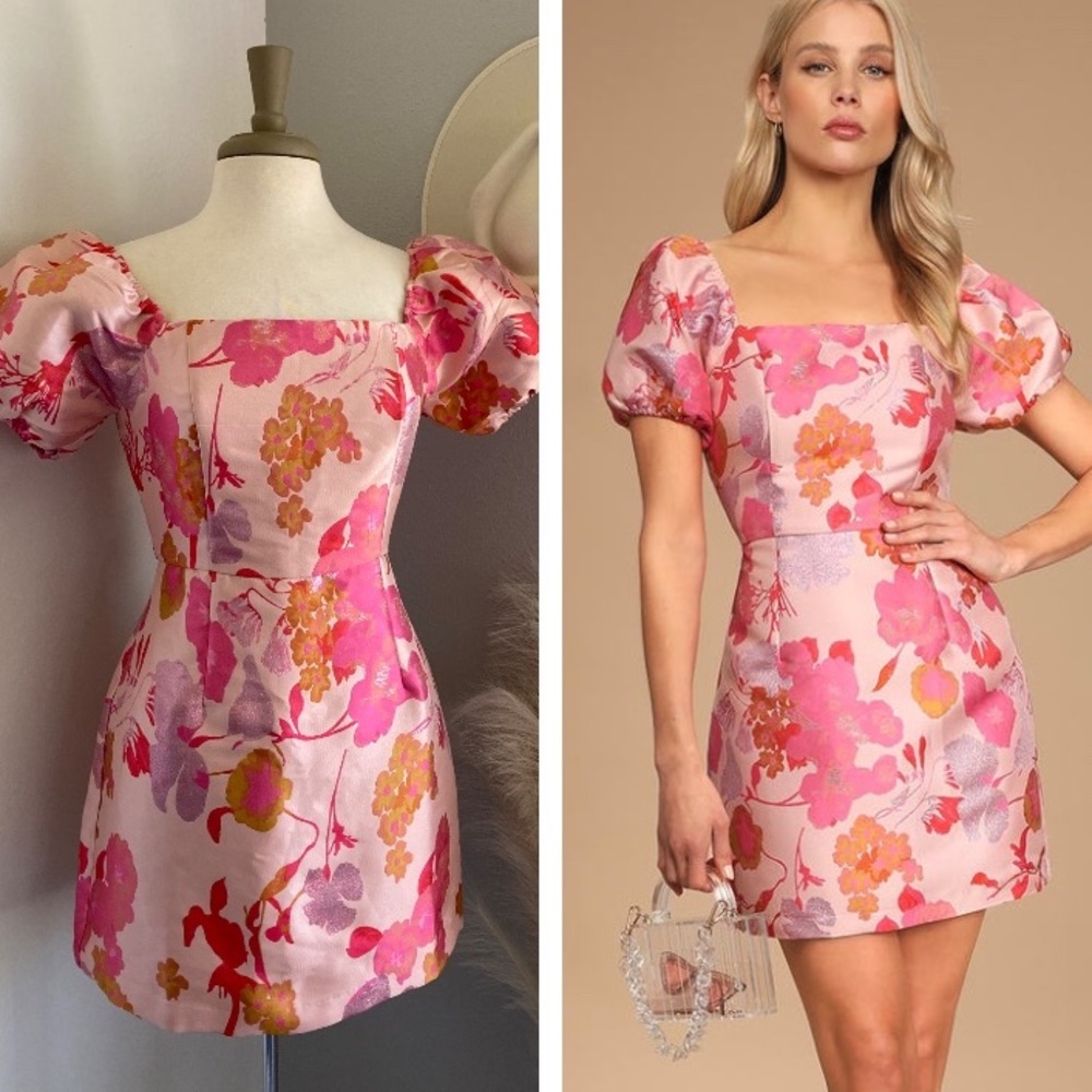 Lulus So Stunning Orange Multi Floral Jacquard Puff Sleeve Mini Dress